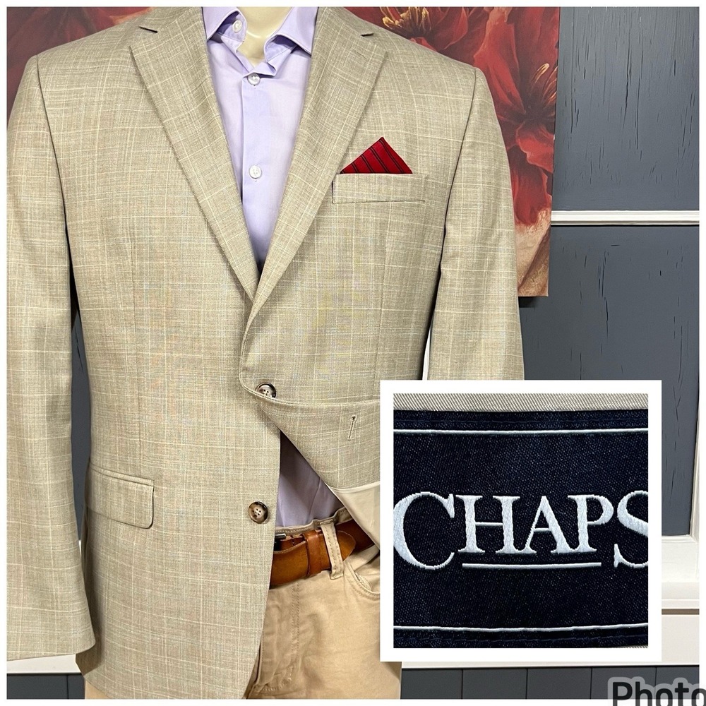 Chaps Blazer Jacket Sport Coat Mens 42R Classic Fit Polyester Blend Beige/Blue